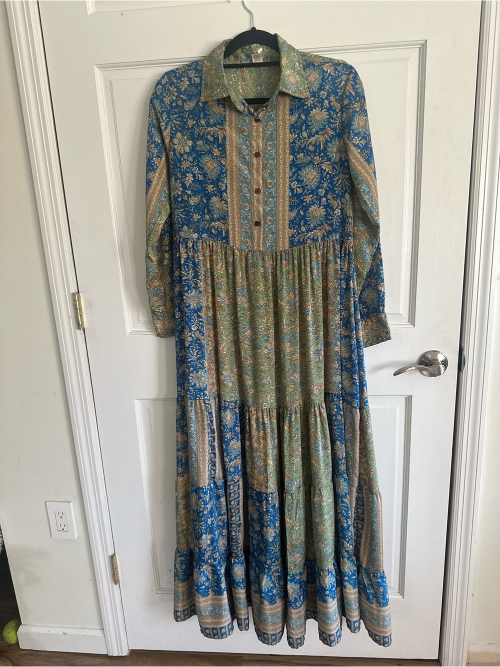 RAGA Blue Green Floral Collared Tiered Maxi Dress 54” Ch 36” Waist 36” no belt M